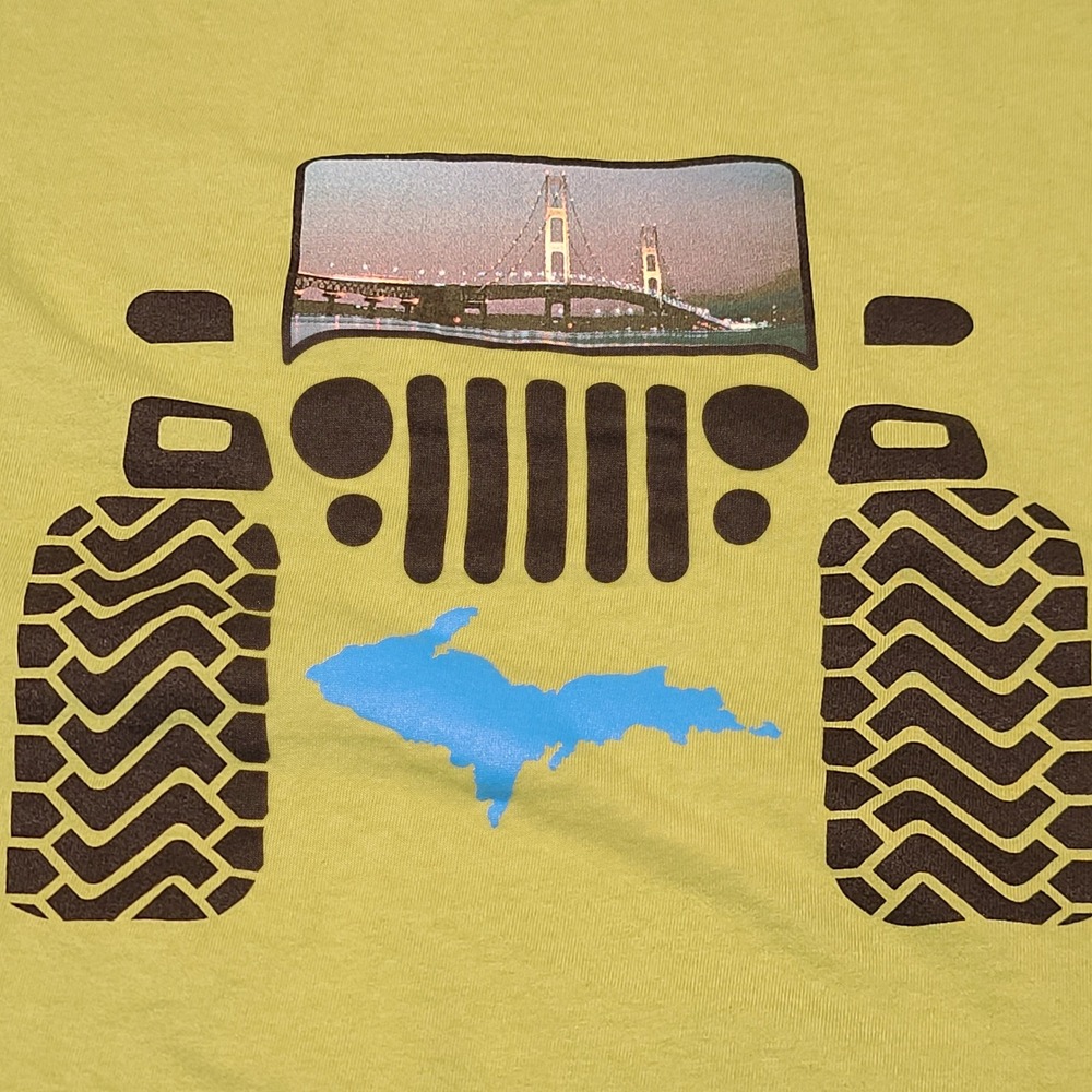 Gildan Graphic T-Shirt Mens‎ 2XL Lime Green Michigan Mackinac Bridge Off-Road UP